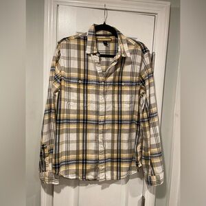 Prince & Fox Size M Navy Gold Plaid Long Sleeve Flannel Button Down Shirt